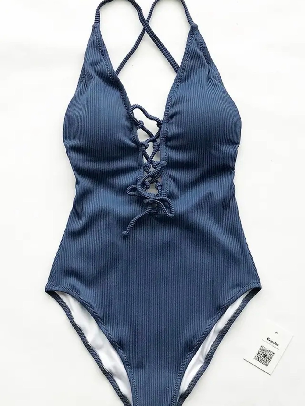 Women’s Plus Size XXL Ribbed Lace-Up One-Piece Swimsuit in Deep Navy